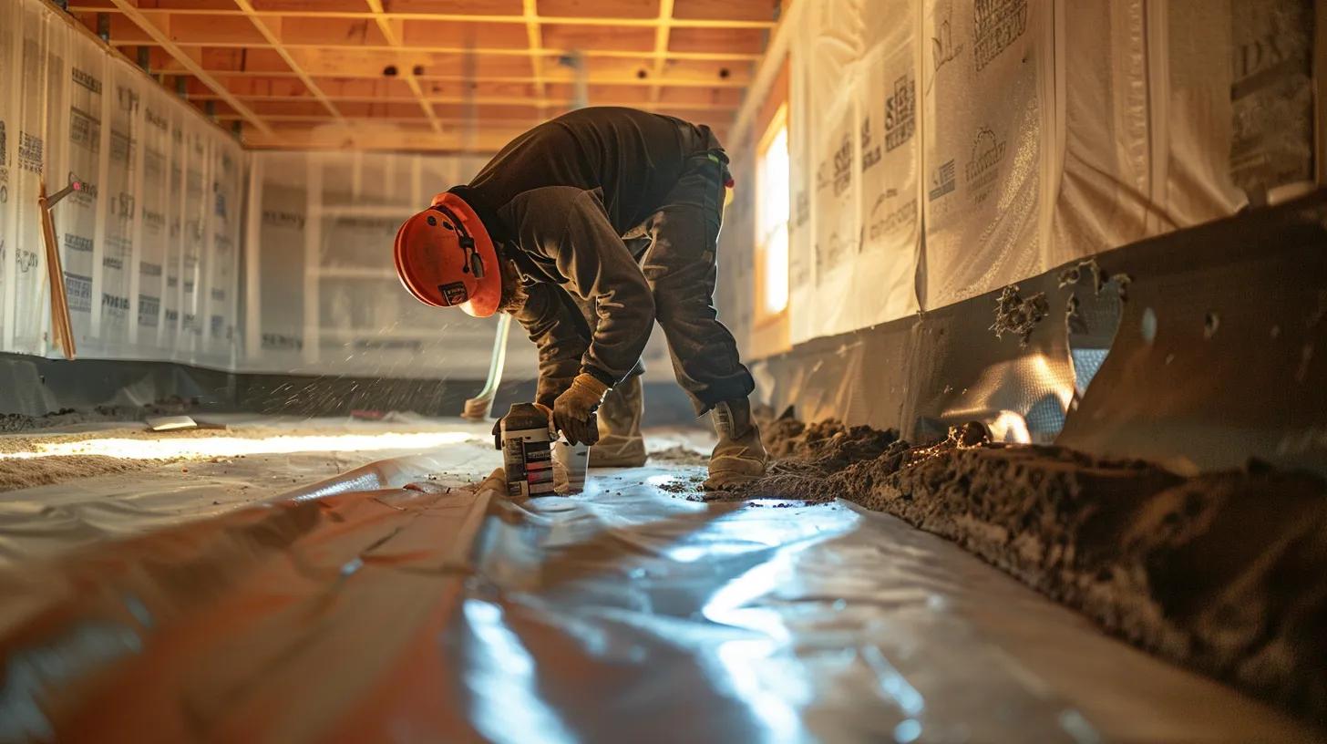 a bright and professional basement inspection scene captures a contractor in safety gear meticulously applying waterproofing membranes to exposed concrete walls, while another installs a french drain, showcasing the essential process of maintaining a dry and safe subterranean environment.
