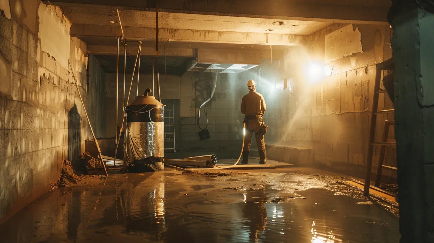a well-lit, professional basement showcases a waterproofing process with exposed concrete walls, as contractors in safety gear meticulously apply waterproofing membranes and seal cracks while a sump pump awaits installation.