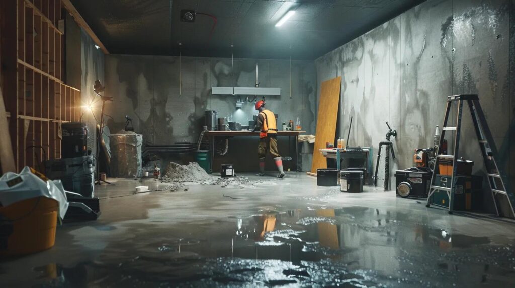 a well-lit basement showcases the waterproofing process with exposed concrete walls, as a contractor in safety gear applies hydraulic cement to seal cracks and another installs a french drain, creating a clean and professional workspace.