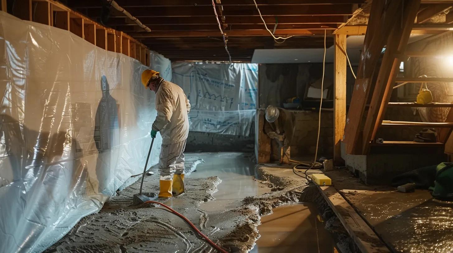 a well-lit residential basement showcases a professional contractor in safety gear applying waterproofing membranes to exposed concrete walls while sealing cracks with hydraulic cement, and a french drain being installed along the perimeter, emphasizing a proactive approach to home waterproofing.