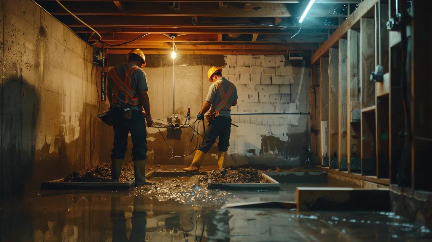 a well-lit basement showcases a professional waterproofing process with exposed concrete walls, as a contractor in safety gear seals cracks with hydraulic cement, while another carefully installs a french drain, embodying the proactive measures against water intrusion.