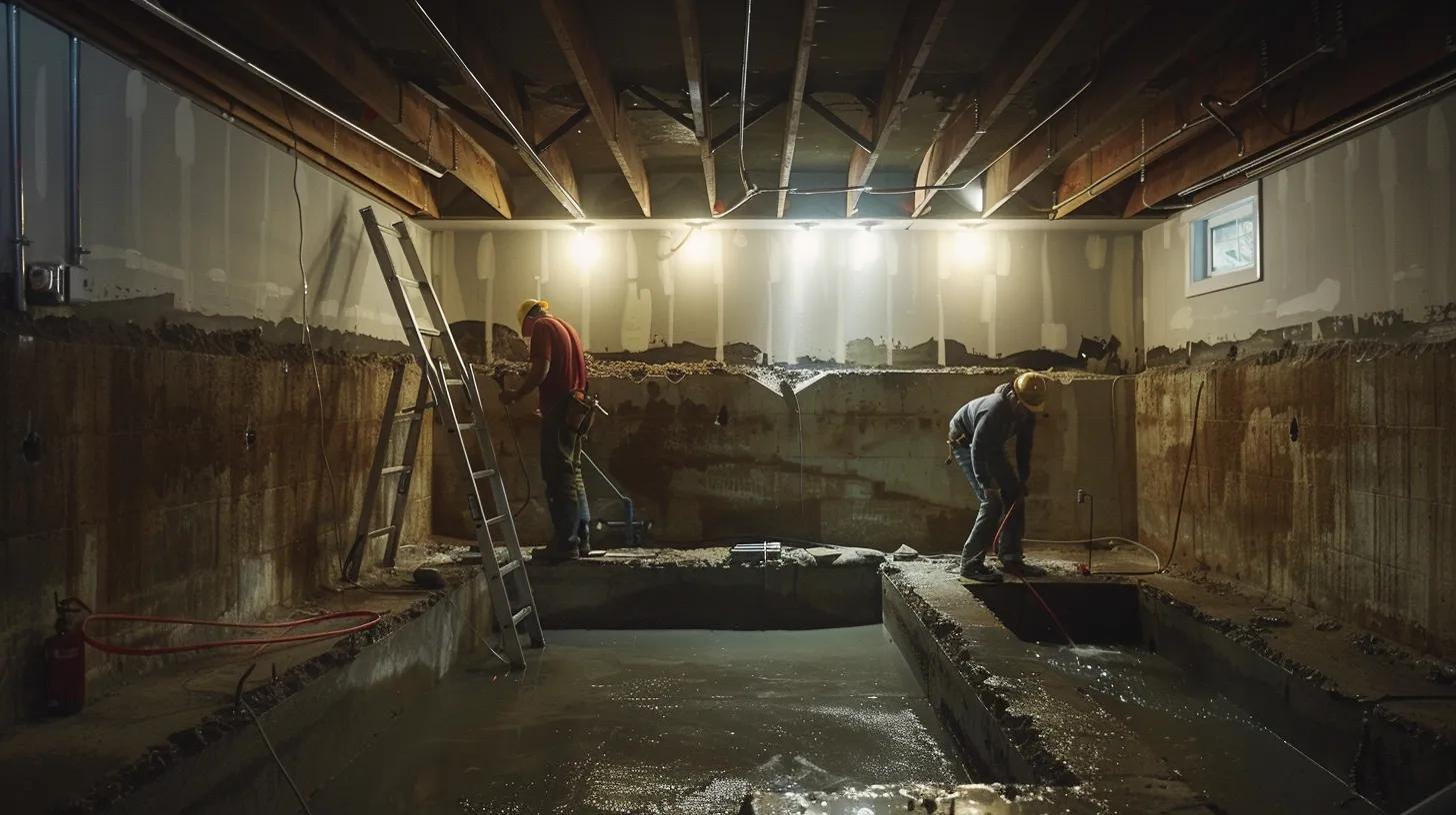 a well-lit residential basement showcases a professional waterproofing process, featuring exposed concrete walls with visible cracks being sealed by a contractor in safety gear, while another installs a french drain, emphasizing the importance of structural integrity and water prevention.