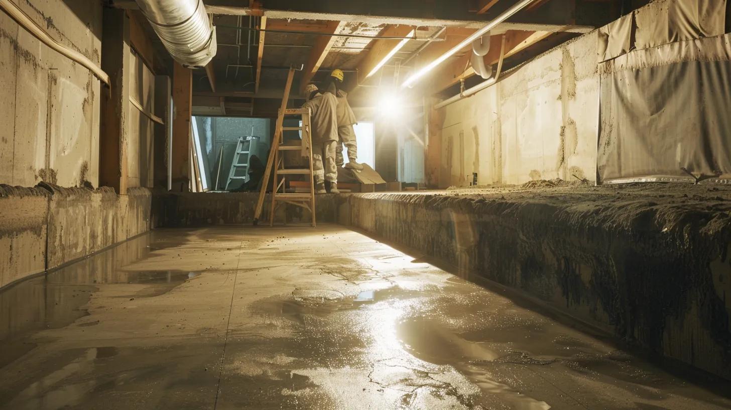 a well-lit basement showcases the waterproofing process, with exposed concrete walls and flooring, as a contractor in safety gear seals cracks with hydraulic cement while another installs a french drain, highlighting the crucial steps in protecting homes from water intrusion.
