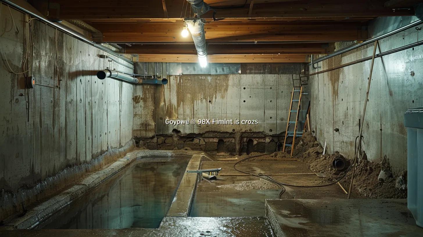 a well-lit basement showcases a professional waterproofing process, featuring exposed concrete walls and flooring, as a contractor seals cracks with hydraulic cement while another installs a french drain, emphasizing the critical need for soil condition analysis in foundation protection.