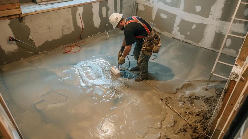 a well-lit residential basement features exposed concrete walls and flooring as a contractor in safety gear expertly applies waterproofing membranes, sealing cracks with hydraulic cement while another installs a french drain, showcasing a clean and professional workspace ready for the sump pump installation.