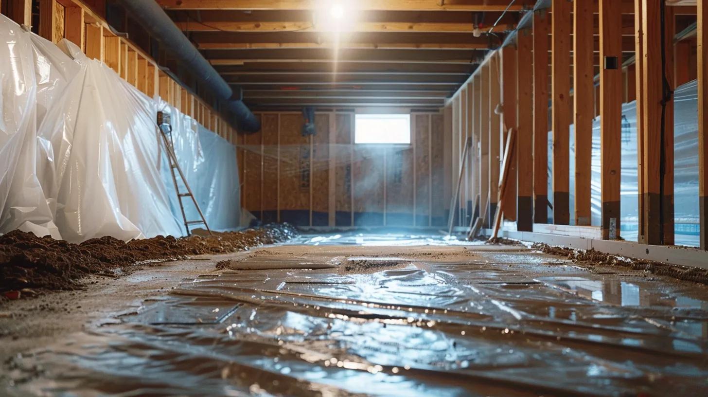 a well-lit basement showcases the detailed waterproofing process, featuring exposed concrete walls as a contractor diligently applies hydraulic cement to seal cracks, while another installs a french drain, emphasizing the effective combat against moisture issues.