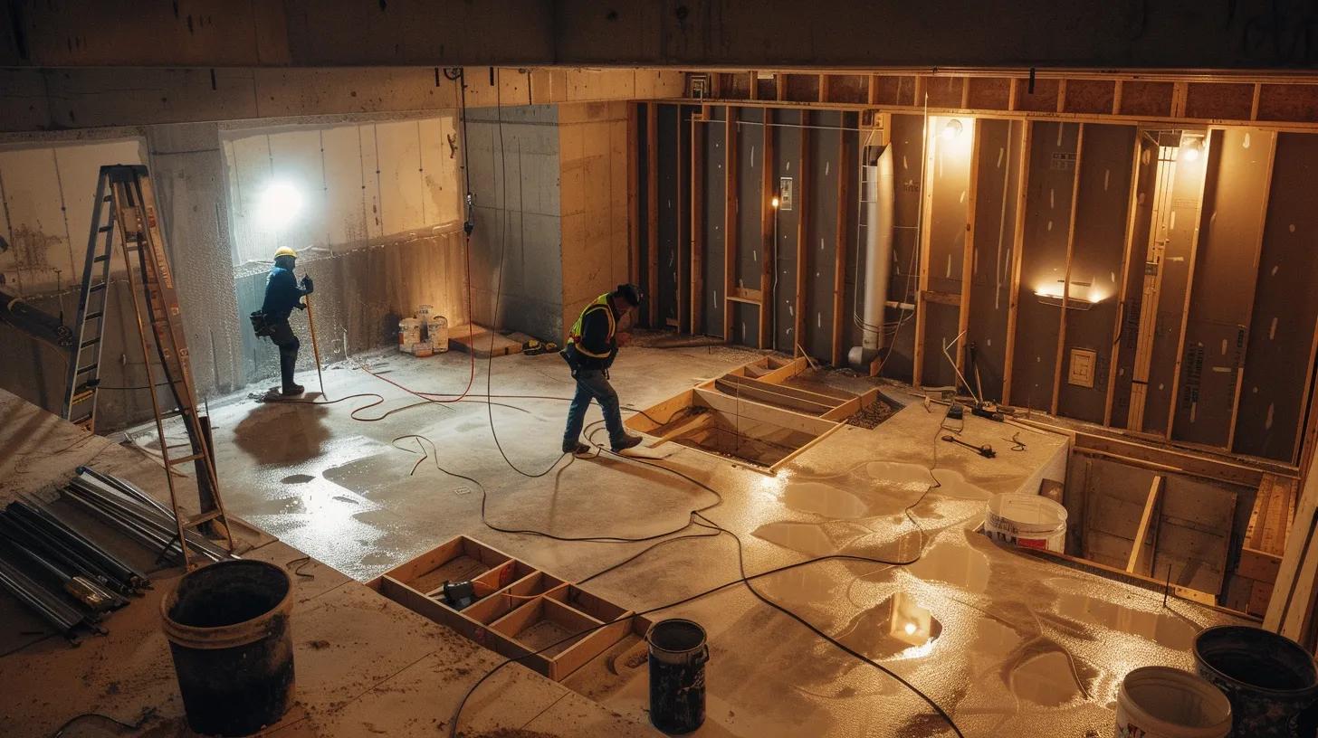 a well-lit residential basement showcases a professional waterproofing process, featuring contractors in safety gear diligently applying waterproofing membranes and sealing cracks, with exposed concrete walls and a sump pump awaiting installation.