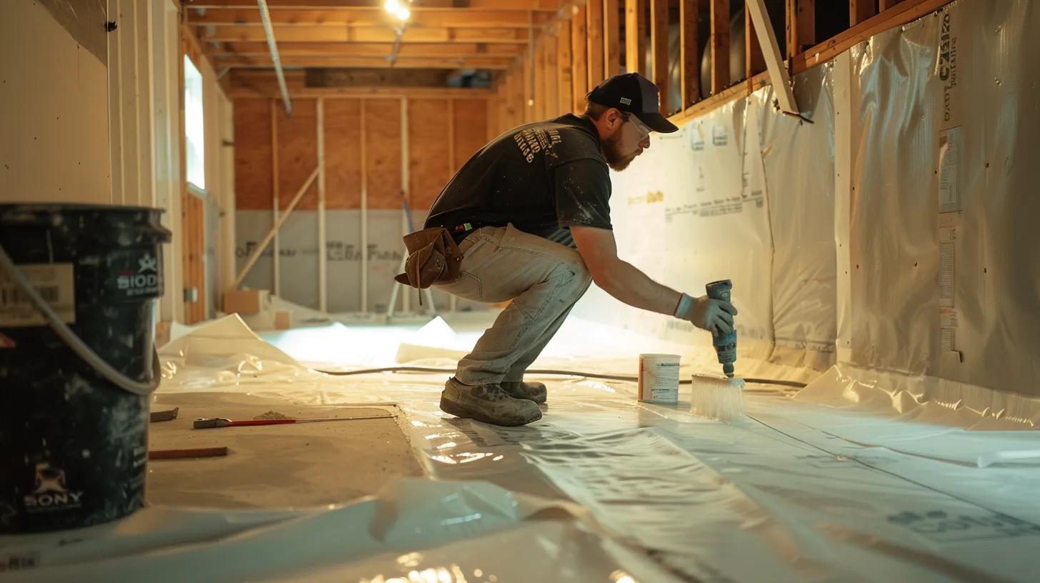 a well-lit, professional basement showcases a contractor applying waterproofing membranes to exposed concrete walls, while another installs a french drain, highlighting the importance of affordable waterproofing solutions for west chester homeowners.