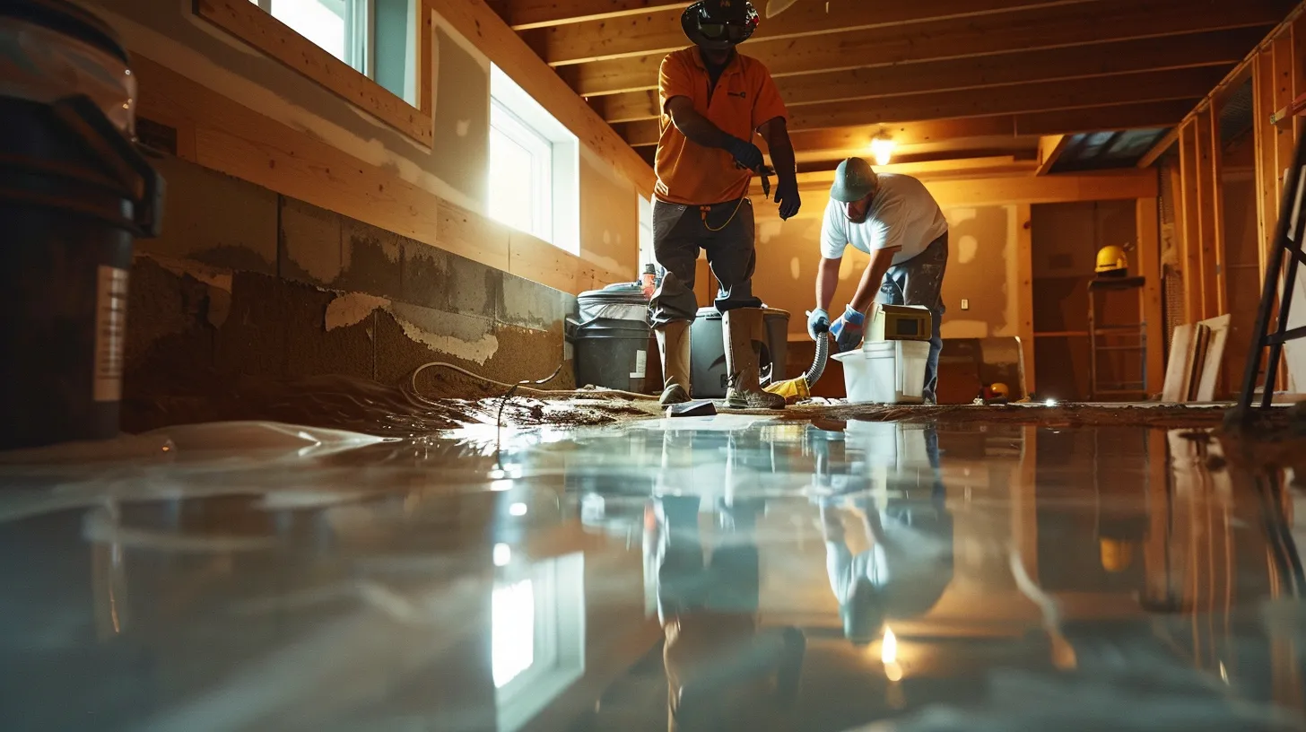 a brightly illuminated basement showcases a waterproofing project in progress, featuring a contractor in safety gear expertly sealing cracks with hydraulic cement while another installs a french drain, highlighting the professional and methodical approach to ensuring a dry and secure home environment.
