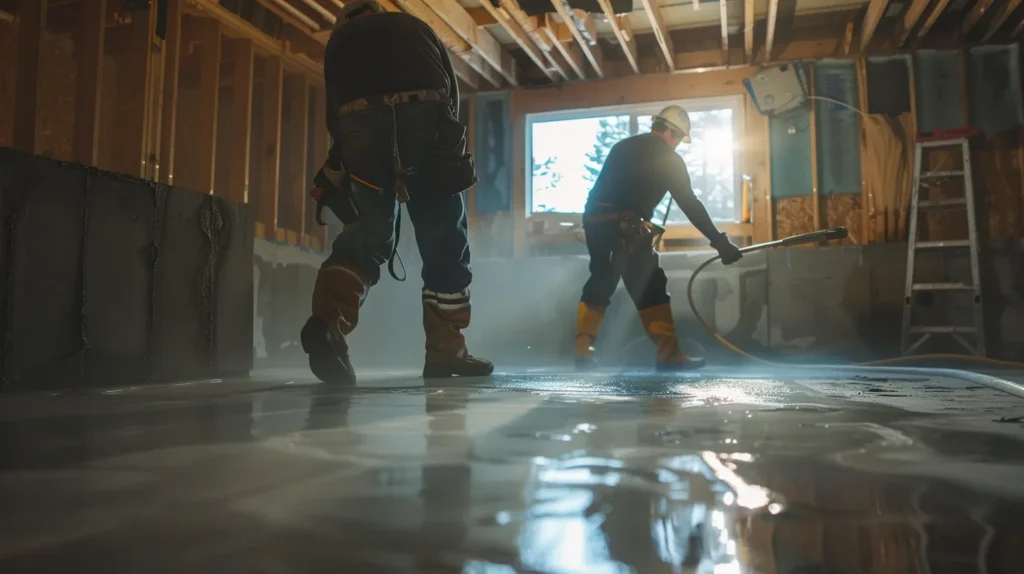 a professional basement waterproofing scene showcases contractors in safety gear diligently applying waterproof membranes on exposed concrete walls, with hydraulic cement sealing visible cracks and a french drain installation underway in a well-lit, clean residential space.