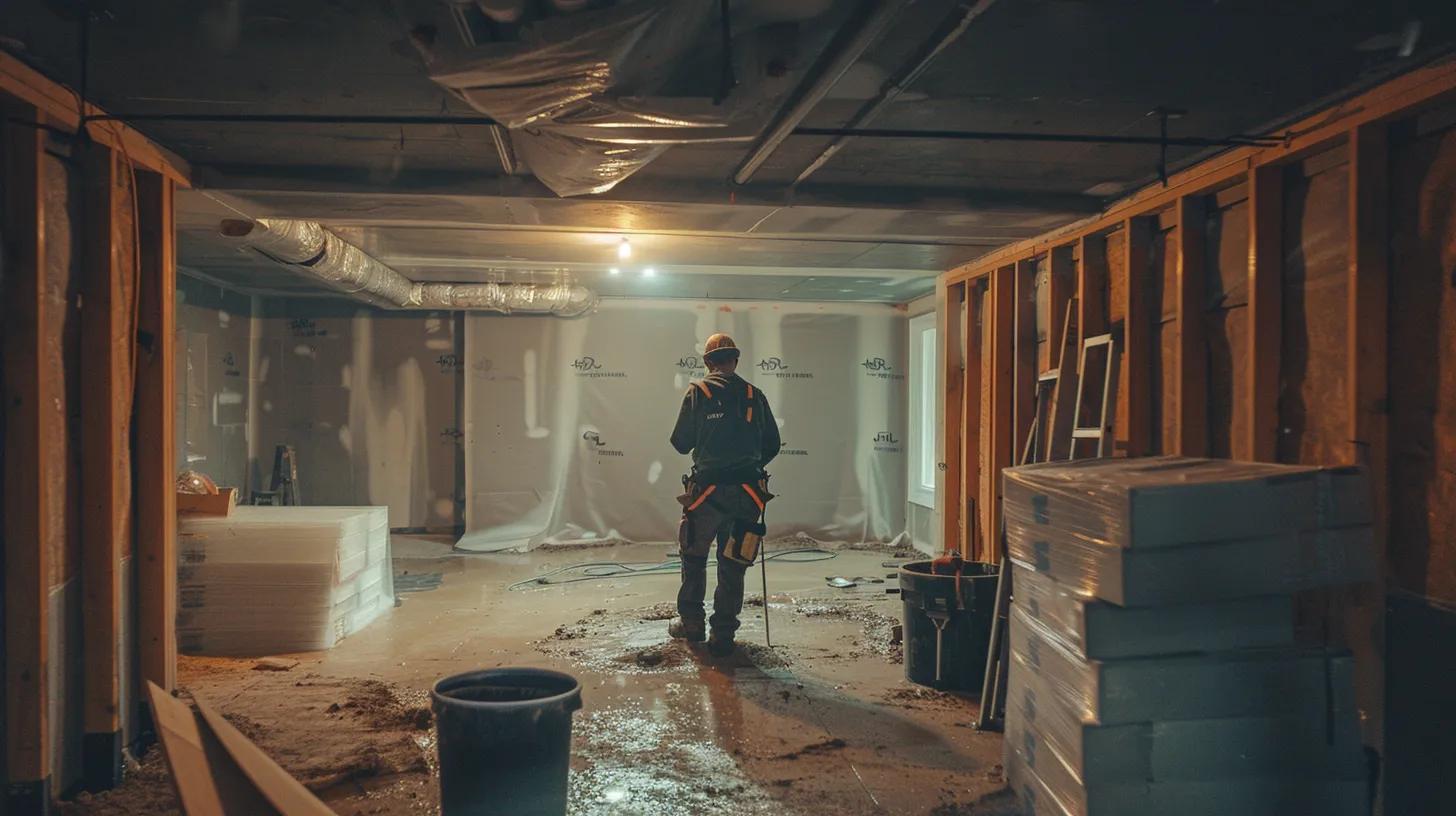 a well-lit basement showcases the waterproofing process with exposed concrete walls, as a contractor in safety gear diligently seals cracks with hydraulic cement while another installs a french drain, highlighting the commitment to enhancing property value and energy efficiency.