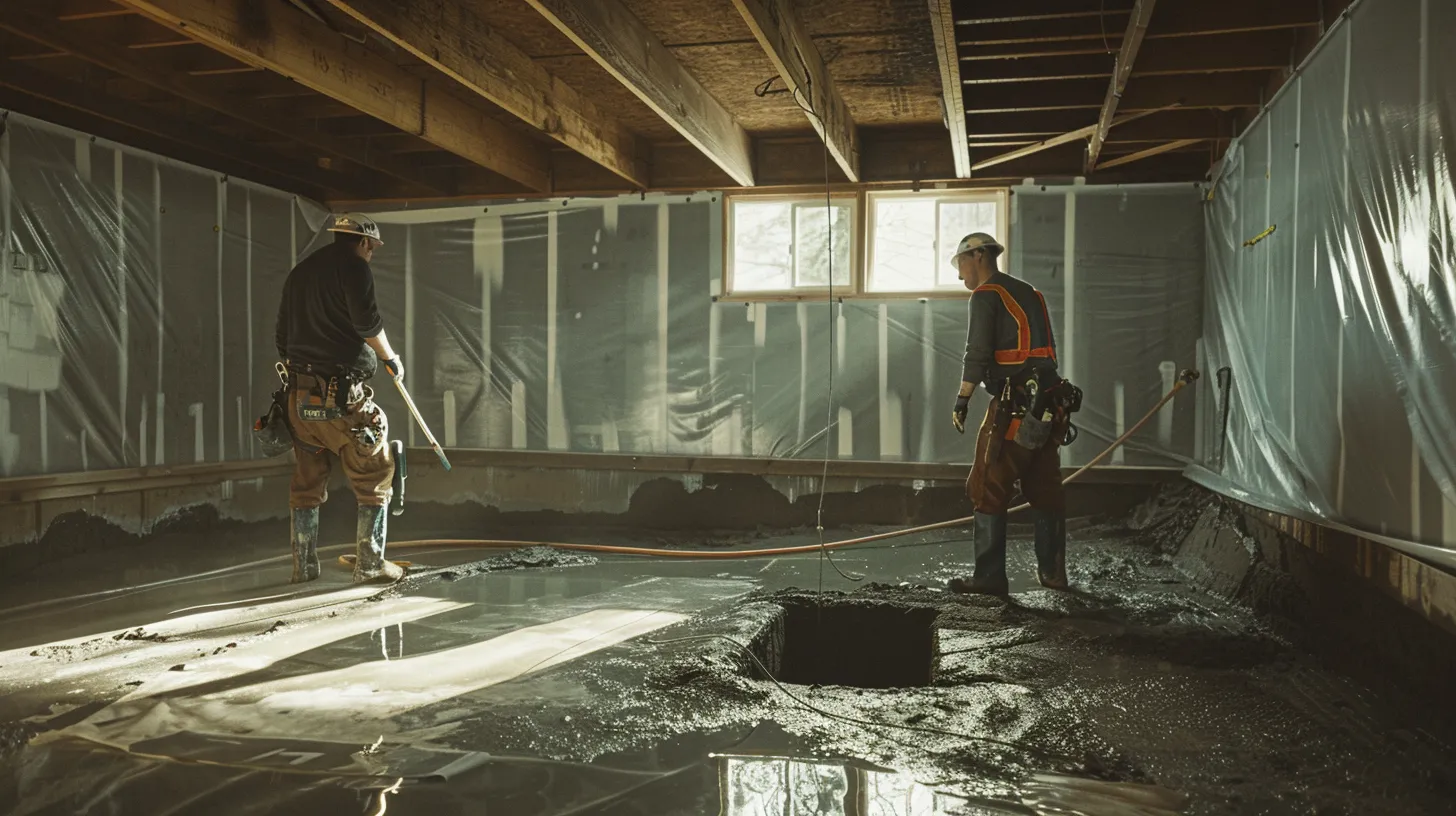 a well-lit basement setting captures a contractor in safety gear meticulously applying waterproofing membranes to exposed concrete walls, while another contractor installs a french drain, emphasizing a professional and organized waterproofing process.