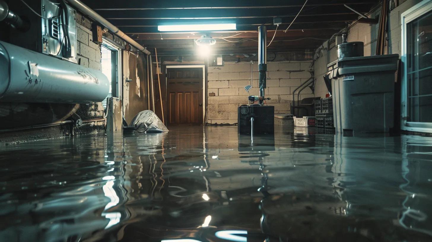 a flooded basement with water pooling around a malfunctioning sump pump, highlighted by stark fluorescent overhead lighting and displaying clear signs of moisture damage on the walls and floor tiles.